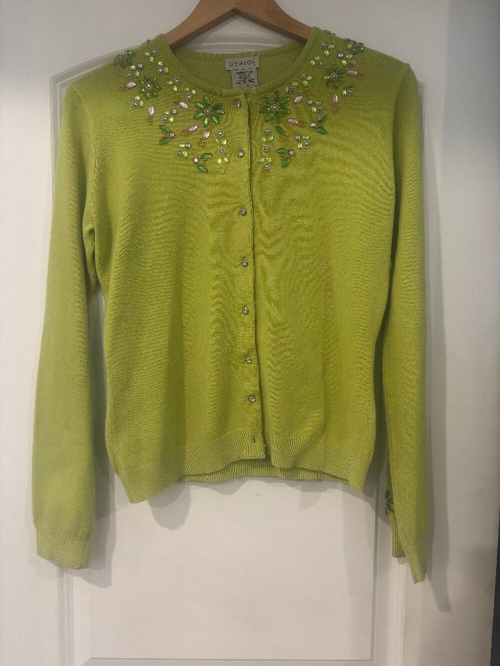 Vintage Y2K GEORGE Chartreuse Angora Blend Beaded Cardigan Sz M